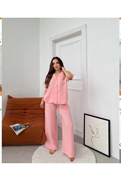 Alizstore Aliz Store %100 Cotton Muslin Powder Pink Plain Shirt Collar Women'...