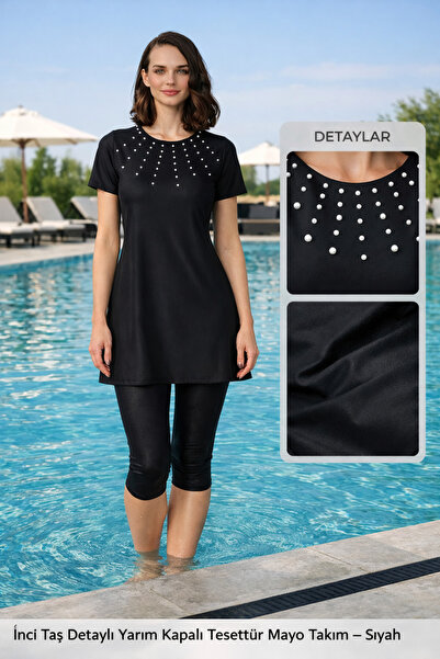 YUYİ Tesmay Quick Drying Swimwear Fabric with Pearl Detail, Half Sleeve, Tigh...