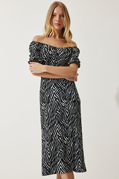 Lovelyİstanbul Elastic Carmen Collar Summer Viscose Dress Lmc0016 Black