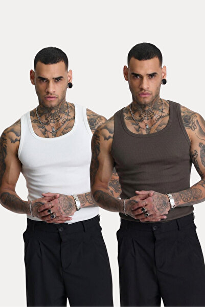 İLKCET MODA 2-Pack White and Anthracite Slim Fit Men's Ribbed Undershirts