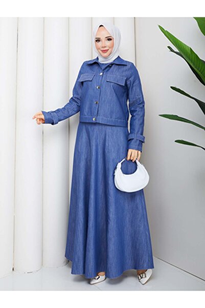 HNT Hayrunnisa Tesettür Tansel Kot Ceketi Düğmeli Jile Elbise Koyu Mavi HNT85971