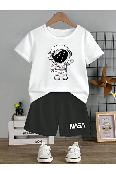 EYAX MODA Nasa Kids' Team T-Shirt Shorts - Black and White Print Girls' Boys'...