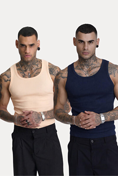 İLKCET MODA 2-Pack Cream and Navy Blue Slim Fit Men's Ribbed Undershirts