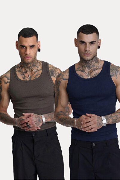 İLKCET MODA 2-Pack Navy Blue and Anthracite Slim Fit Men's Ribbed Undershirts