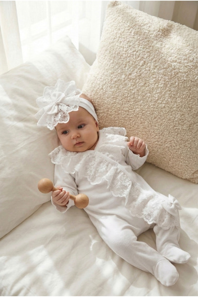 MONTİNA Little princess cream Lace piece Cotton interlock baby romper and hea...