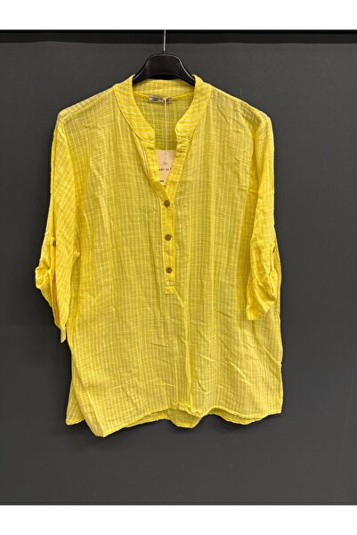 della moor Women's Yellow Italian Line Pattern Notched Collar Short Sleeve Ov...