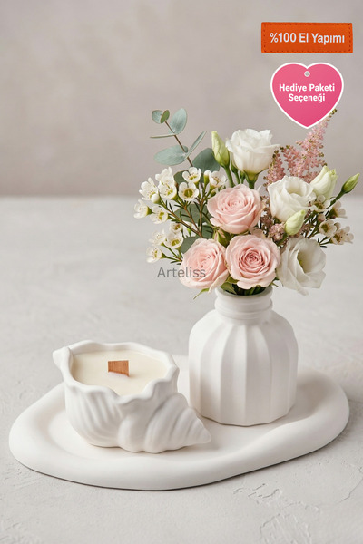 Arteliss 3'lü Vazo İstiridye Mum Set | Dekoratif Amorf Sunum Tepsili Ev Dekoru