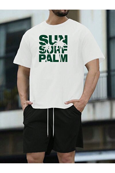 EYAX MODA Set de tricou și pantaloni scurți oversize cu imprimeu pentru bărbați
