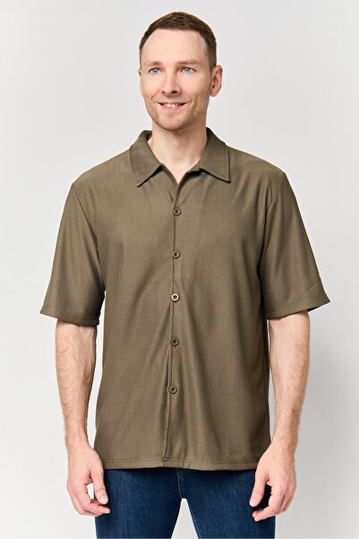 Core Elements Men Regular Fit Short Sleeve Textured Casual Shirt, Dark Olive