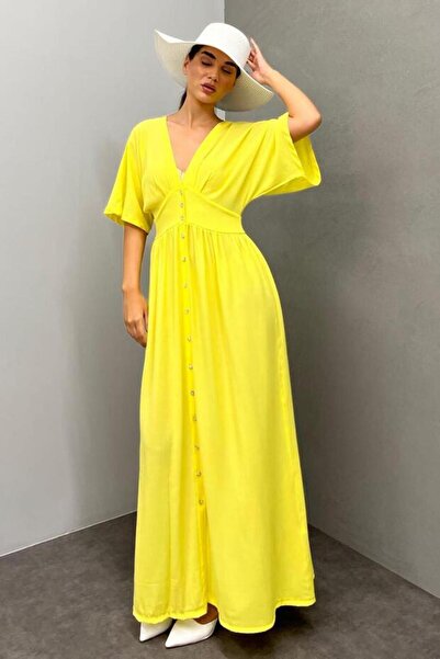 BLUSS Γυναικείο μακρύ φόρεμα με λαιμόκοψη V και κουμπιά, άνετη εφαρμογή, καθη...