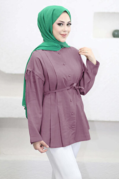 Suede Style 6301 - Stylish Comfortable Threaded Waist Tie Long Shirt