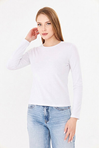 Sortie Bluză de damă, ecru, cu gât crew, din bumbac, cu mânecă lungă, din bum...