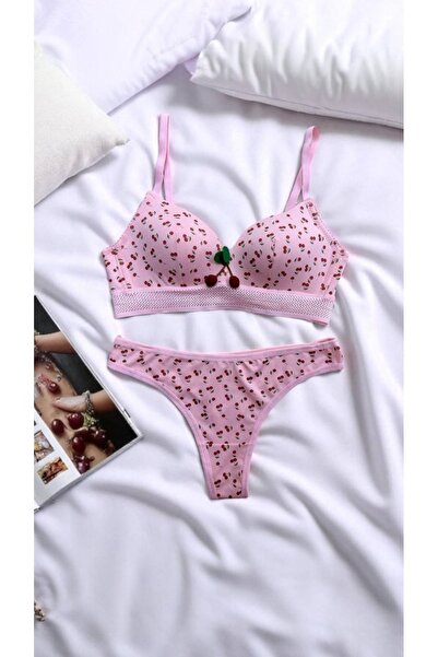 Pink Angell Desteksiz Kirazlı Sütyen Takımı Pembe