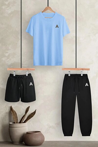 EYAX MODA 3 Pack Printed Tracksuit Set - T-Shirt Shorts Jogger Sweatpants 3 P...