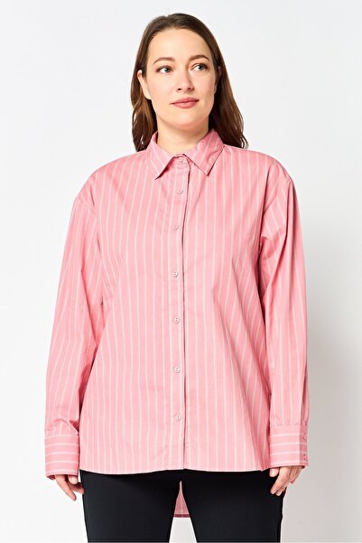 Aeropostale Women Spread Collar Long Sleeve Stripe Shirt, Pink