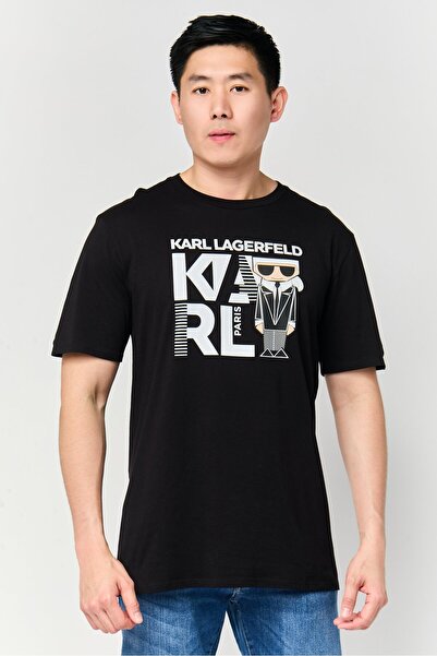 Karl Lagerfeld تي شيرت رجالي بطبعة جرافيكية بأكمام قصيرة ورقبة دائرية، أسود