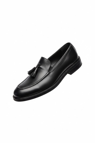 PAPATAY 1647 Genuine Leather Tasseled Men's Black Classic Loafer Shoes - Men'...