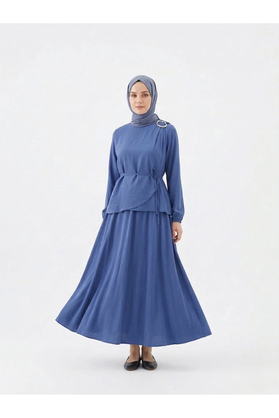 Lunsera Store طقم تنورة بتفاصيل مطوية على الكتف - لون نيلي