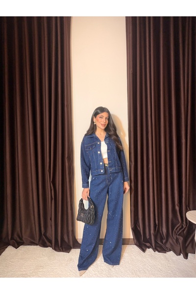 LOISY Women's Front and Back Full Stone Printed Denim Set