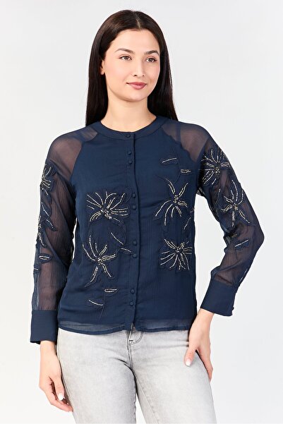 JASON WU Women Band Collar Textured Long Sleeve Shirt, Navy