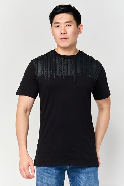 Karl Lagerfeld تي شيرت رجالي بطبعة جرافيكية بأكمام قصيرة ورقبة دائرية، أسود