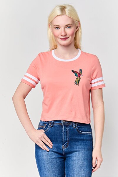 Undiz تيشيرت نسائي بأكمام قصيرة وياقة دائرية مطرز، وردي