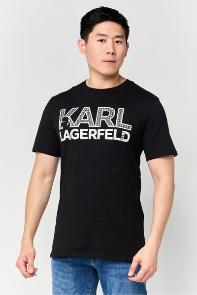 Karl Lagerfeld تي شيرت رجالي بطبعة جرافيكية بأكمام قصيرة ورقبة دائرية، أسود