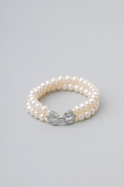 So CHIC... Lotus İncisi 18 Ayar Beyaz Altın Kaplama 18 Cm Gümüş Bileklik