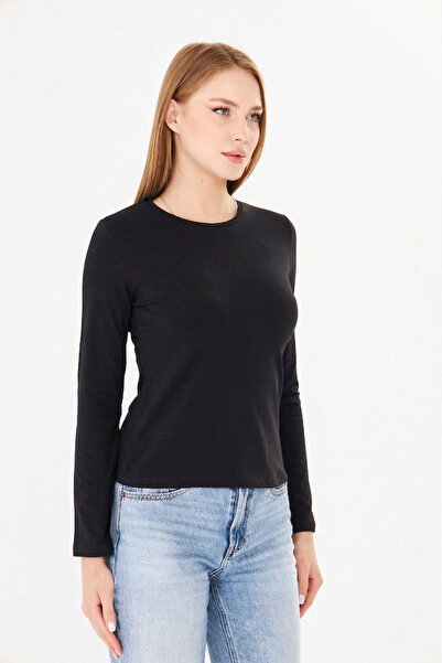 Sortie Bluză de damă neagră, din bumbac, cu mânecă lungă, cu gât crew, din bu...