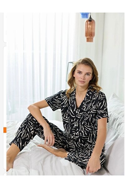 Alizstore Black Patterned 100% Cotton Muslin Women's Pajama Set Comfortable F...