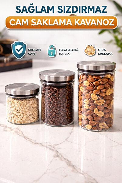 Akormia 3’lü Cam Saklama Kavanozu Seti Çelik Kapaklı Hava Geçirmez Erzak Kabı