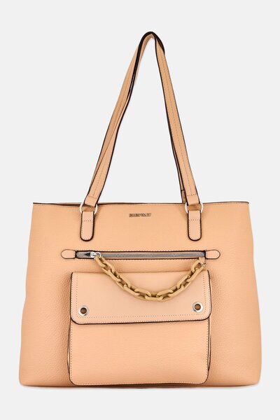 Ellen Tracy Women Brand Logo Pebble Grain Workbook Tote Bag, Tan