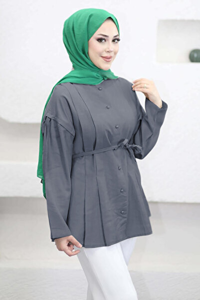 Suede Style 6301 - Stylish Comfortable Threaded Waist Tie Long Shirt