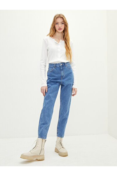 LC Waikiki Pantaloni din denim de damă, cu talie înaltă, croială mom fit, cu ...