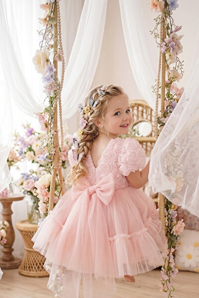 ALYRA Kız Çocuk Prenses Elbise 3D Güllü Tül Kat Kat Fiyonk Detaylı Doğum Günü...