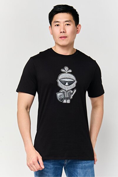 Karl Lagerfeld تي شيرت رجالي بشعار مطرز بأكمام قصيرة ورقبة دائرية، أسود