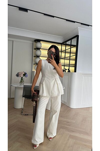 ALVOR Ecru Denim Vest Suit – Stylish Combination with Wide-Legged Trousers