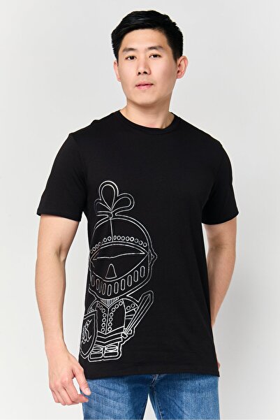 Karl Lagerfeld تي شيرت رجالي بطبعة جرافيكية بأكمام قصيرة ورقبة دائرية، أسود