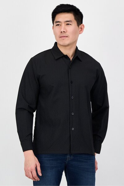 Nautica Jeans Men Regular Fit Textured Long Sleeve Casual Shirt, Black