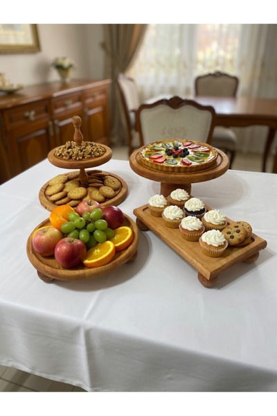 MERALP 4lü Ahşap Pasta Sunum 28 cm Stand Pastalık, Dikdörtgen Sunumluk, 2 Kat...