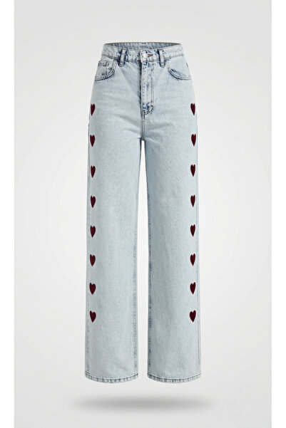 8line Blue Washed Burgundy Heart Embroidered Baggy Jean Trousers