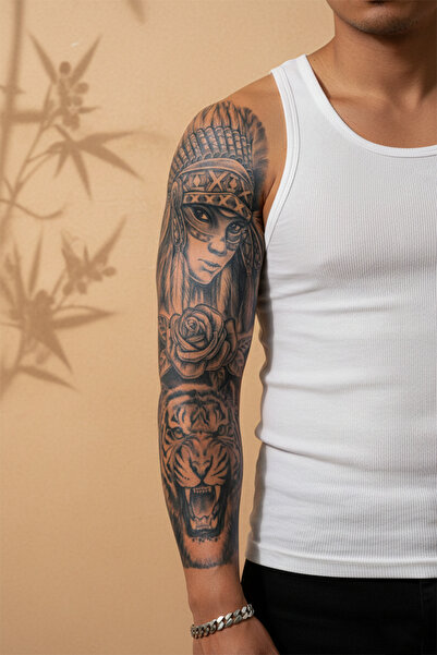 pivok Kızılderili Kadın, Kaplan ve Gül Motifli Tam Kol Kaplama Tattoo - Yarı ...