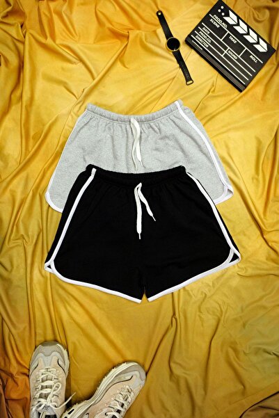 Gollinger Μίνι σορτς 2 τεμαχίων σε γκρι μαύρο χρώμα, λευκό χτενισμένο βαμβακε...