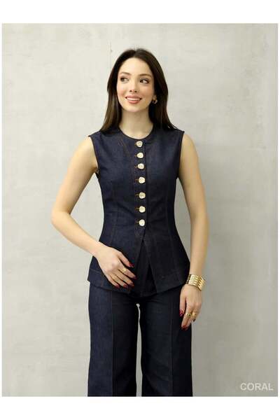 Coral 18053 Stitched Detailed Vest Navy Blue