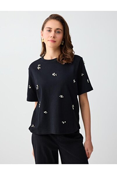 Jimmy Key Μαύρο 100% βαμβακερό πλεκτό μπλουζάκι με κοντό μανίκι και πέρλες