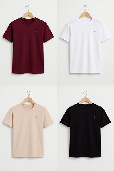 COMBİNE MİCHAİL Men's Crew Neck Comfortable Basic 4-Piece T-Shirt