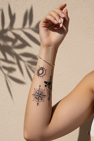 pivok Kozmik Pusula ve Gezegen Karma Dövme - Yarı Kalıcı / 1 Ay Kalıcı Tattoo