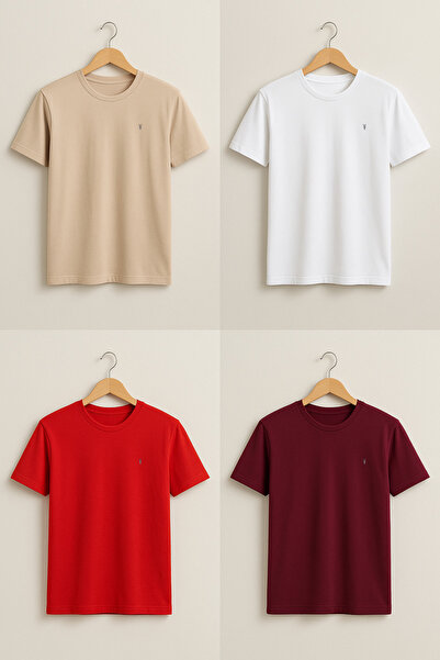 COMBİNE MİCHAİL Men's Crew Neck Comfortable Basic 4-Piece T-Shirt