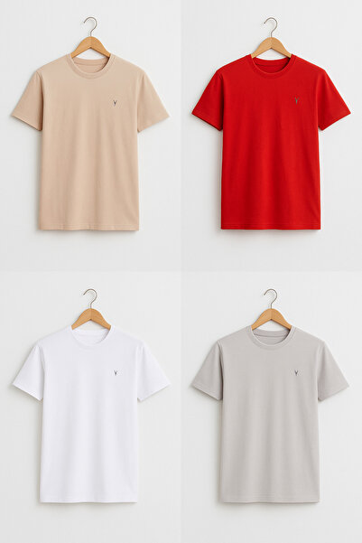 COMBİNE MİCHAİL Men's Crew Neck Comfortable Basic 4-Piece T-Shirt