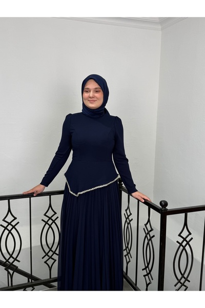 Hiranur 4770 Pliseli Şifon Etekli Taş Detaylı Tesettür Abiye